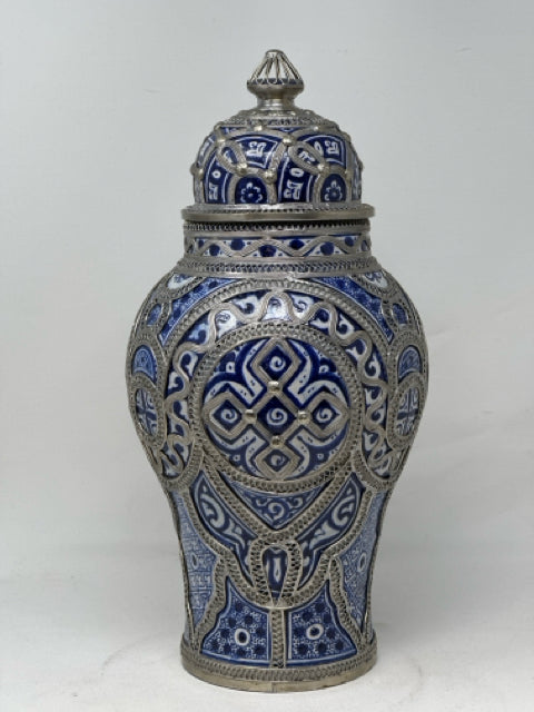 Fez Morrocan Blue & White with Nickel Filigree Urn