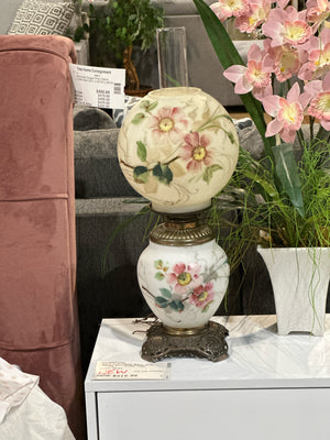 Vintage Floral Double Globe Hurricane/Parlour Oil Lamp