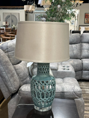 Blue Ceramic Base with Round Beige Shade Table Lamp