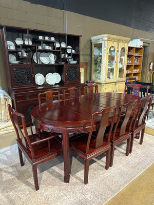 Solid Rosewood 11 Piece Dining Table With 8 Chairs & Buffet & Hutch