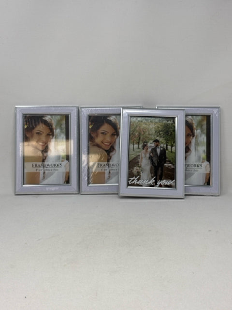 Set of 4 - 4" x 6" White/Silver Photo Frames