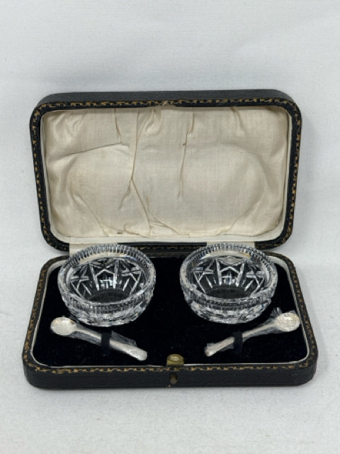 Antique Crystal Salt Cellars with Silver Spoons