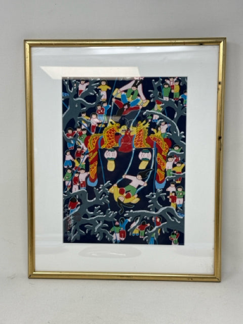 Gold Framed Chinese Huxian Folk Art Painting