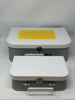 Small White & Grey with Yellow Stitching Cardboard Storage Suitcases [MHF]