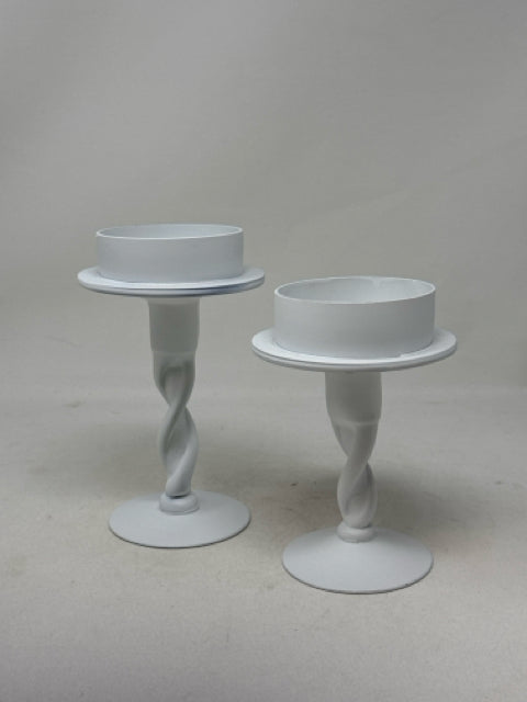 Pair of 6" & 7" White Metal Pillar Candle Holders