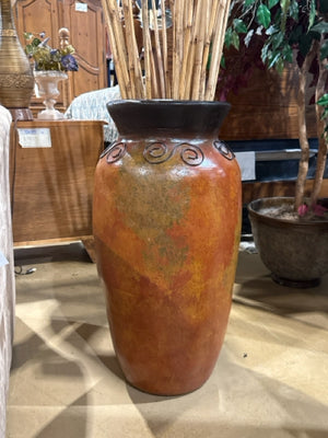 Painted Terracotta Floor Vase with Bamboo Accent Branches