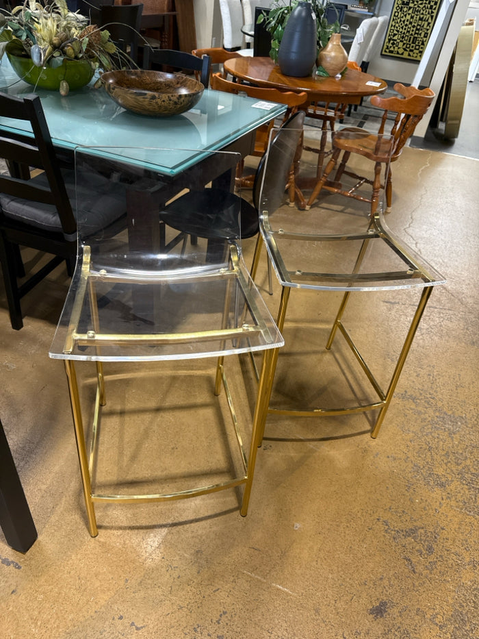 Pair of Acrylic & Gold Metal Base Counter Height Stools [MHF]