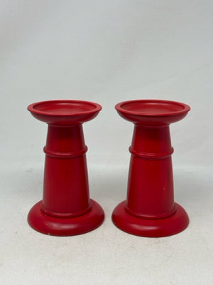 Pair of Ikea 6.5" Red Wooden Pillar Candle Holders