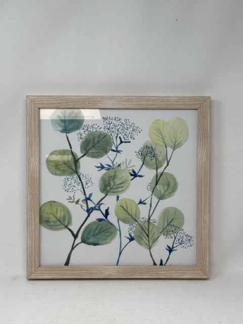 Square Light Faux Wood Framed White/Navy/Green Leaf Wall Art