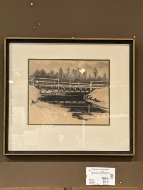 Grey Wood Framed Charcoal Bridge Drawing