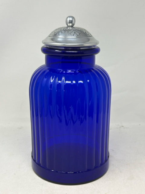 Pier 1 Cobalt Blue Glass with Etched Tin Lid Canister
