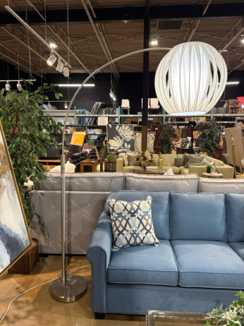 Brushed Nickel Arc Floor Lamp with White Open Ribbon Design Shade