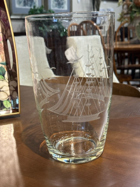 Crystal Nautical Clipper Ship Etched Vase