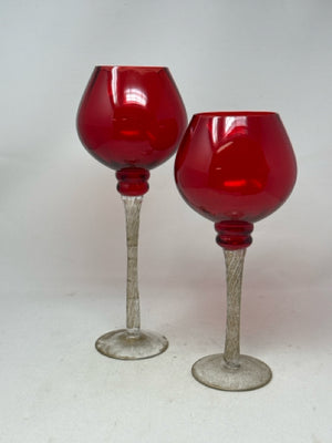 Pair of Red Glass with Gold Speckled Stemmed Candle Holders