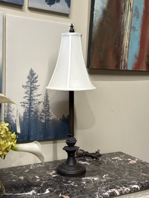 Pair of Bronze Metal Candlestick Base Cream Shade Buffet Lamps