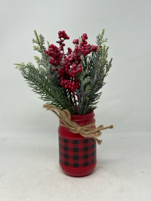 Red/Black Check Glass Jar with Artificial Greenery & Berries