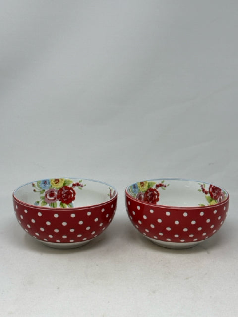 Pair of  222 Fifth New Country Red Polka Dot/Floral Porcelain Bowls