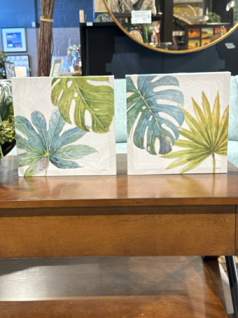 Pair of 12" Square Blue/Green Leaves Canvas Wall Art