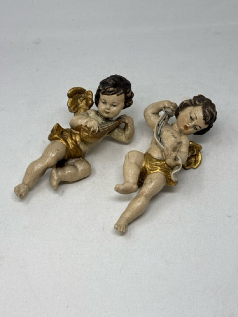 Pair of Vintage Hand Carved Wooden Cherub Figurines