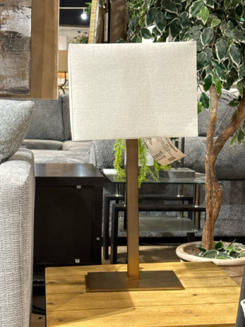 CB2 Brushed Gold Base Cream Linen Rectangular Shade Table Lamp