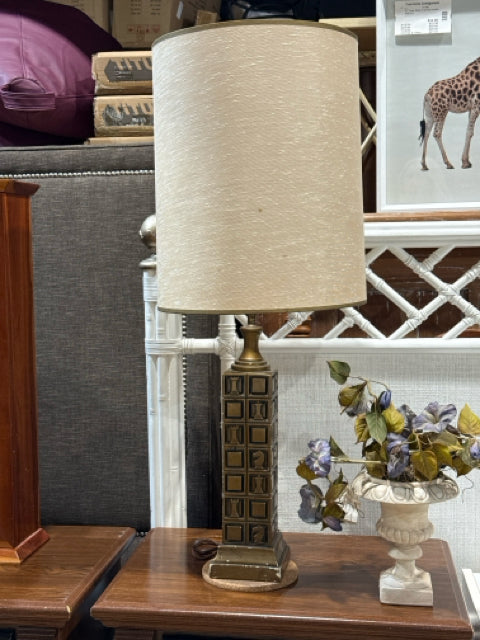 Gold/Black Chess Detail Tower Base Beige Shade Table Lamp