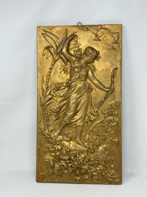 Antique Gold/Gilt Plaster Plaque of Diana the Huntress