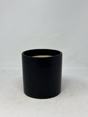 Round Black Ribbed Ceramic Candle Holder with Candle