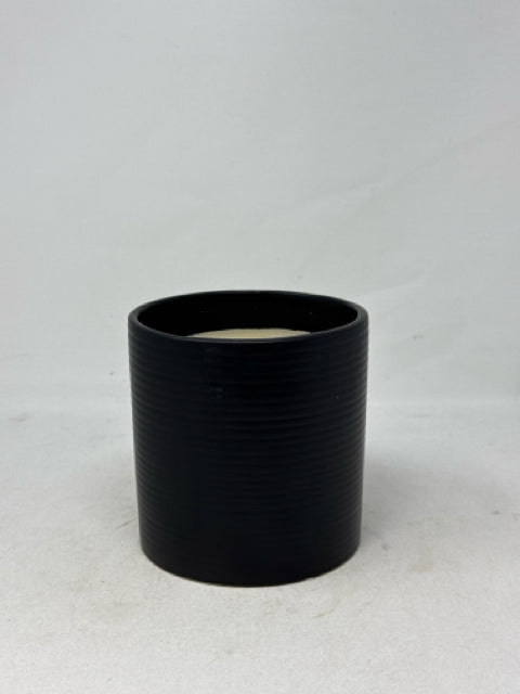 Round Black Ribbed Ceramic Candle Holder with Candle