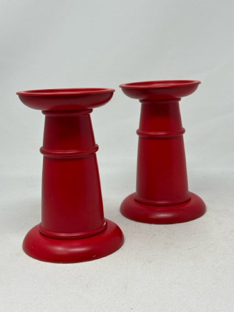 Ikea Red Wooden Pillar Candle Holders