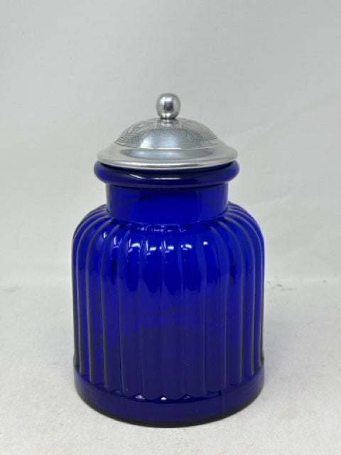 Pier 1 Cobalt Blue Glass with Etched Tin Lid Canister