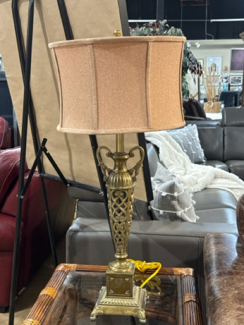 Reticulated Brass Filigree Base Gold Shade Table Lamp
