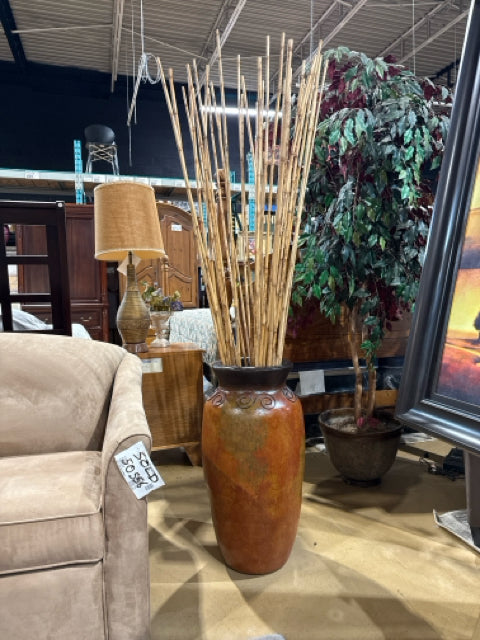 Painted Terracotta Floor Vase with Bamboo Accent Branches