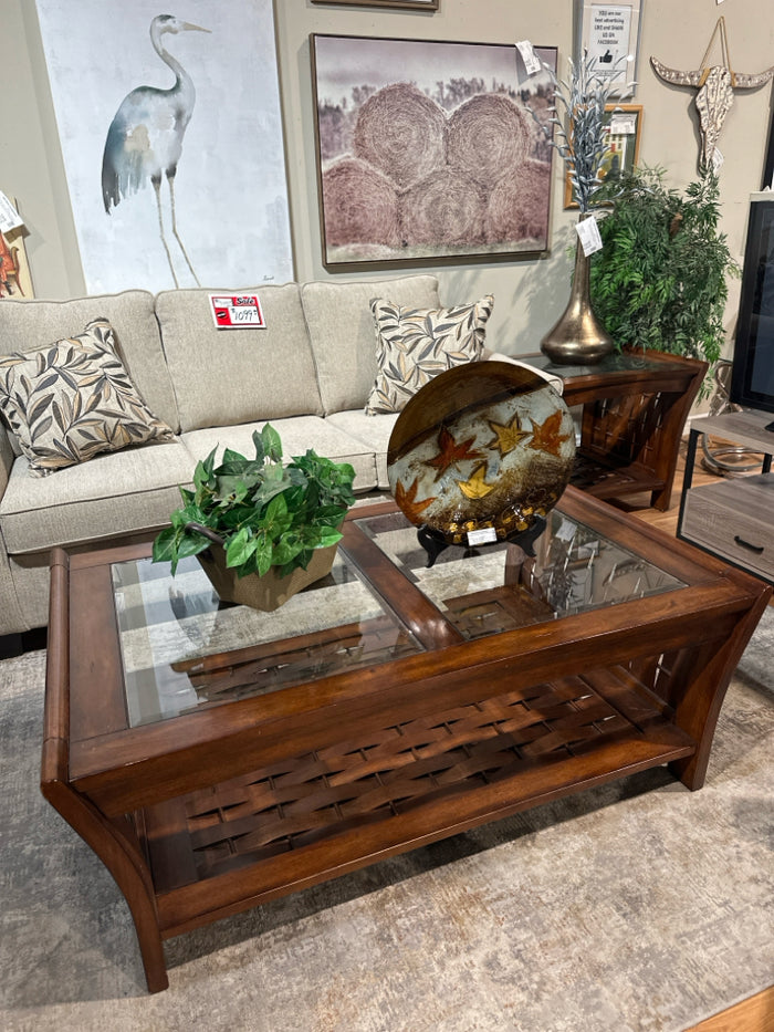 2 Piece Wood & Glass Coffee & End Table