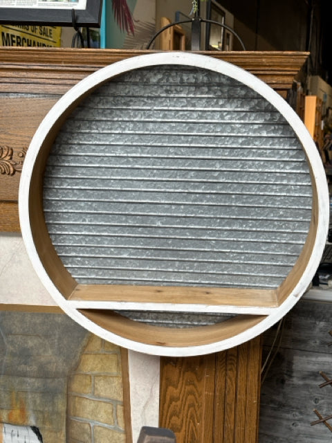 Round White Wooden with Corrugated Tin Circle Wall Shelf