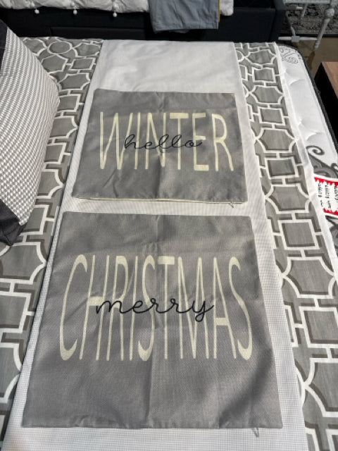 Pair of 18" Grey Merry Christmas/Hello Winter Pillow Covers