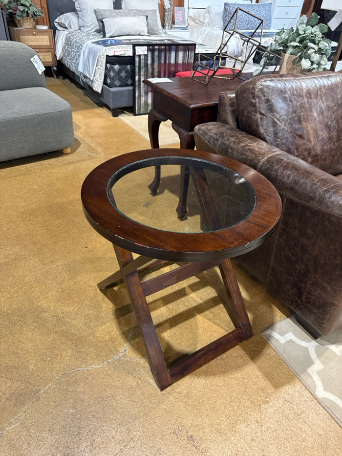 Round Wood & Glass End Table
