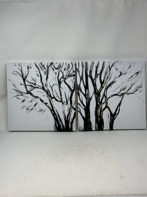 Pair of 12" Square Black & White Trees Canvas Wall Art