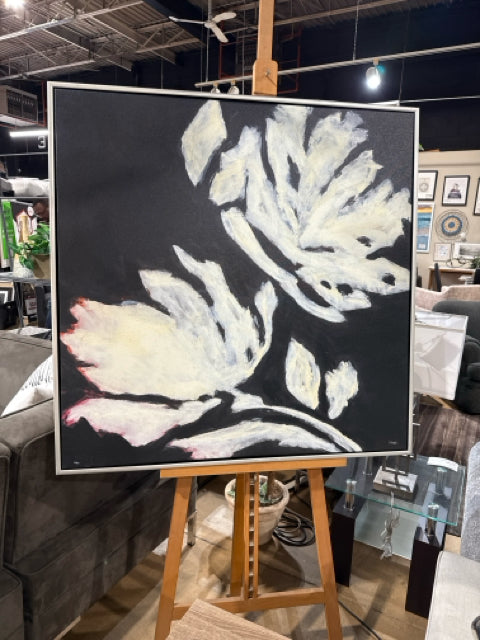 Silver Framed Black/White Abstract Floral Artwork  [MHF]