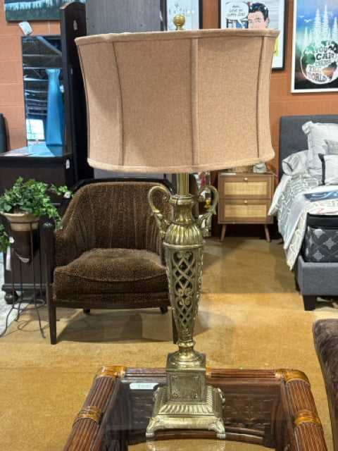 Reticulated Brass Filigree Base Gold Shade Table Lamp
