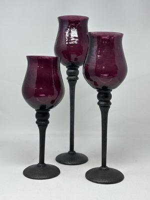 Purple Glass Metal Stemmed Candle Holders