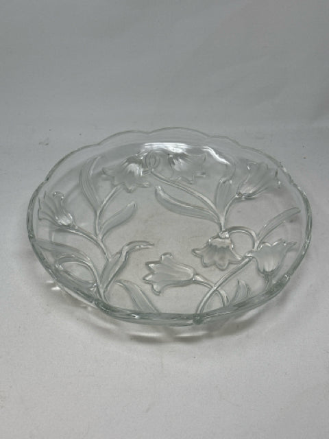 Round Etched Floral Glass Serving Plate