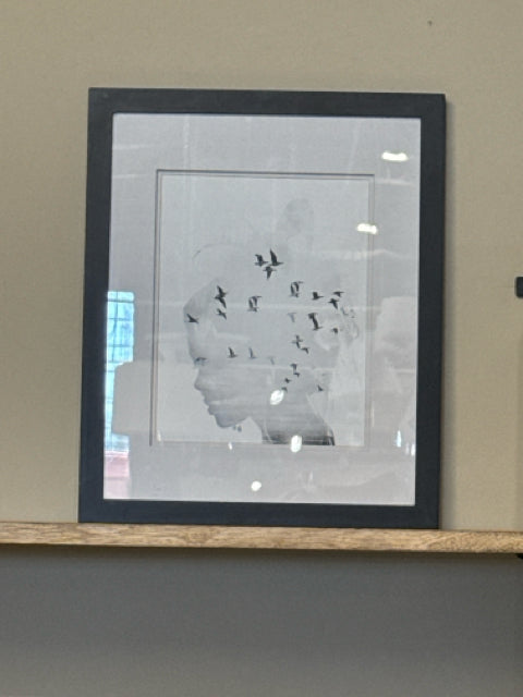 B&W Birds Flying with Girl Silhouette Wall Art