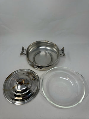 Silver Plate Covered Pyrex Glass Baking Dish Buffet Server