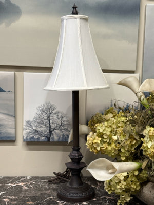 Pair of Bronze Metal Candlestick Base Cream Shade Buffet Lamps