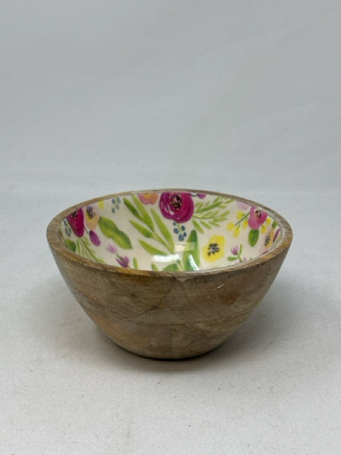 Round Wooden Bowl with Glazed Floral Inset