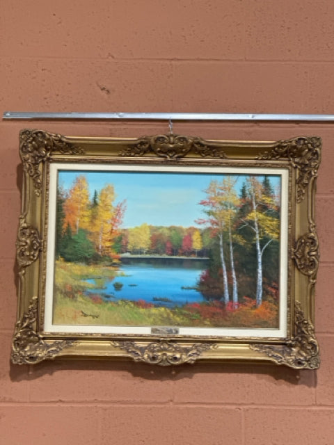 Vintage Ornate Gold Framed Landscape Painting by Cole Bowman