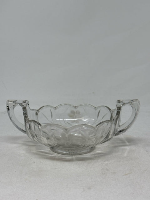 Vintage Clear Etched Glass Nappy Bowl with Double Handle