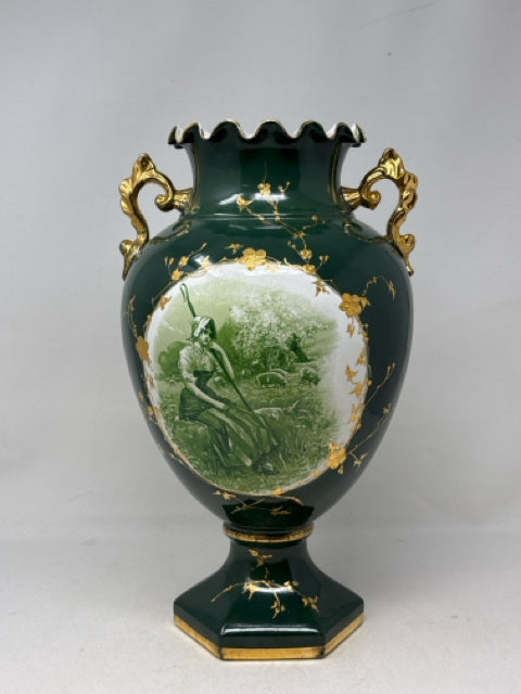 Vintage Green with Gold Handles Urn Sheppard & Sheep