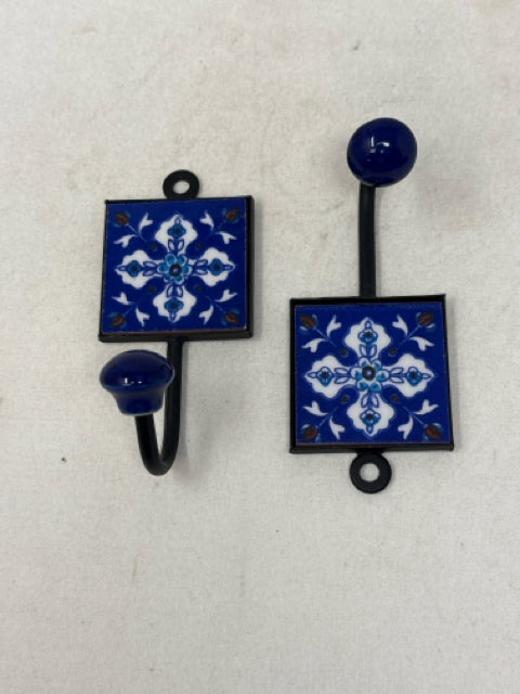 Pair of 5" Blue/White Ceramic Tile Wall Coat Hooks