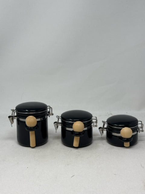 Set of 3 Black Ceramic Airtight Sealing Spice Jars with Spoons